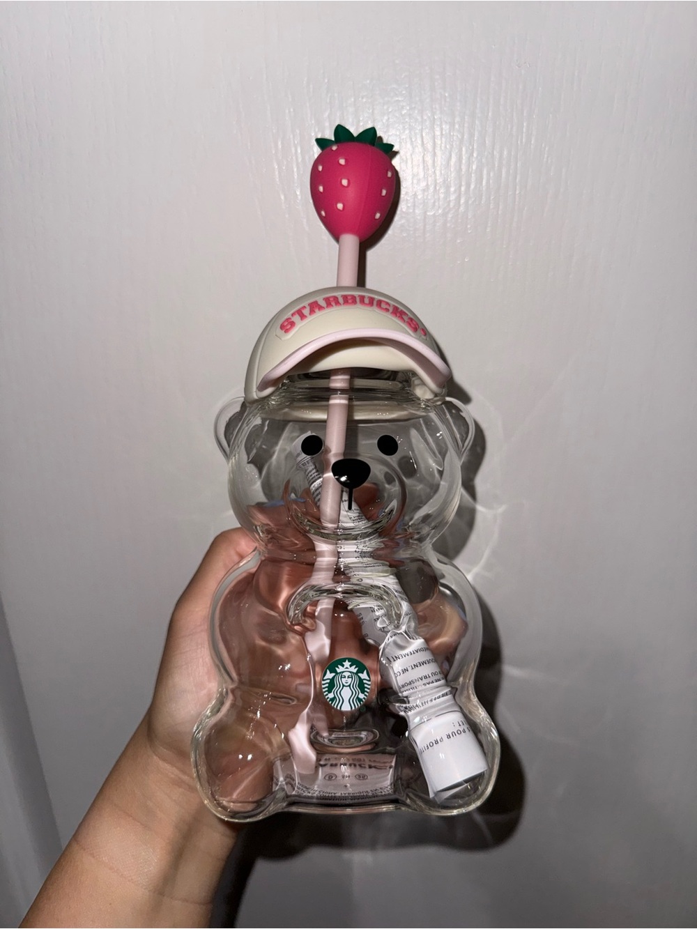 Starbucks Clear Bear Tumbler with Pink Straw and Strawberry Top